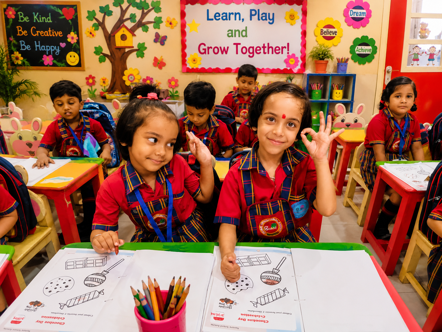 Two students smiling and posing during Chocolate Day celebration