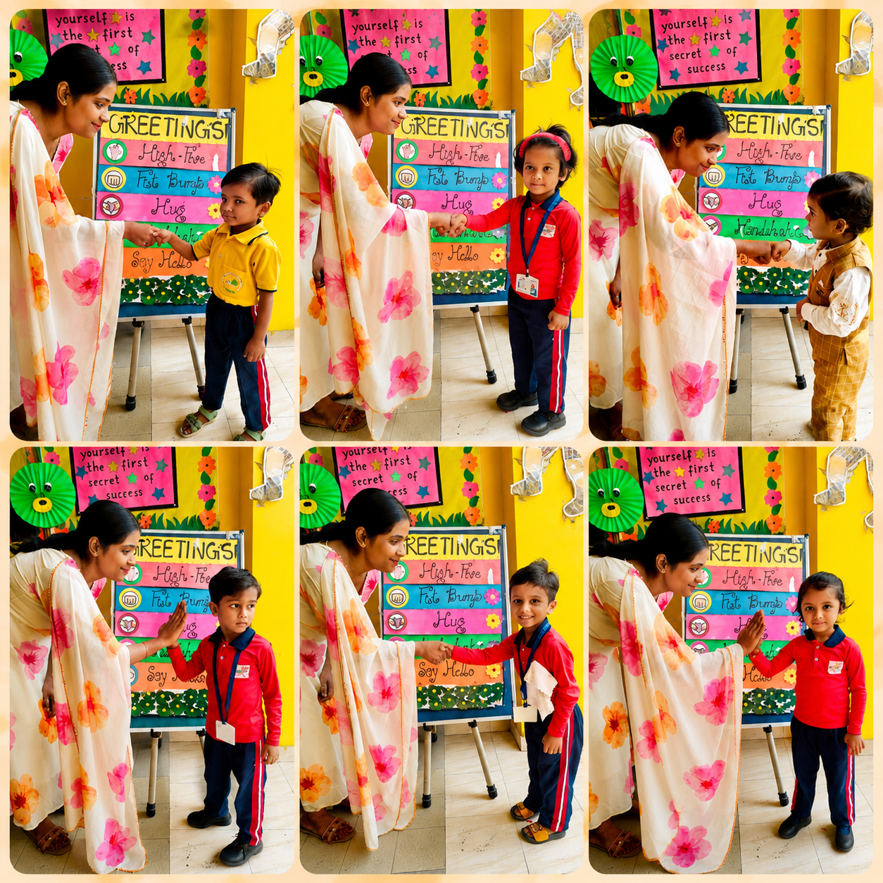 A teacher showing students different ways to greet — high five, fist bump, hug