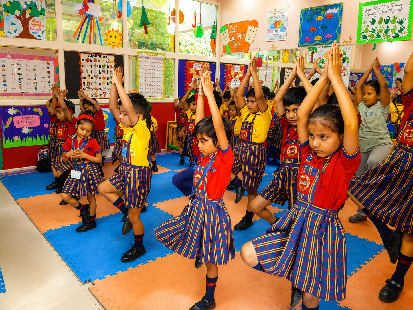 Students practising yoga outdoors with their teacher