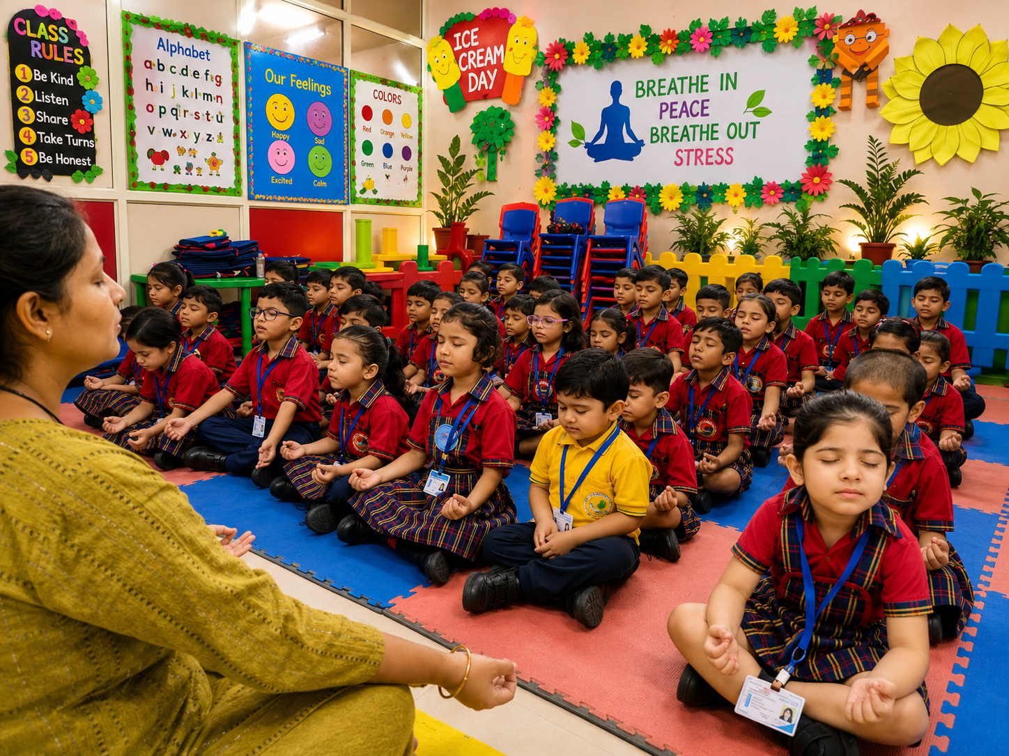 A large group of students meditating together on the classroom floor