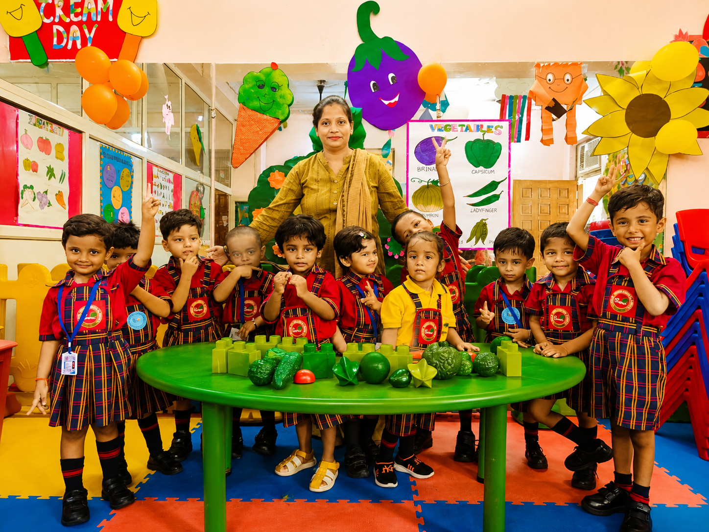 Students with their teacher during a Vegetable Day activity